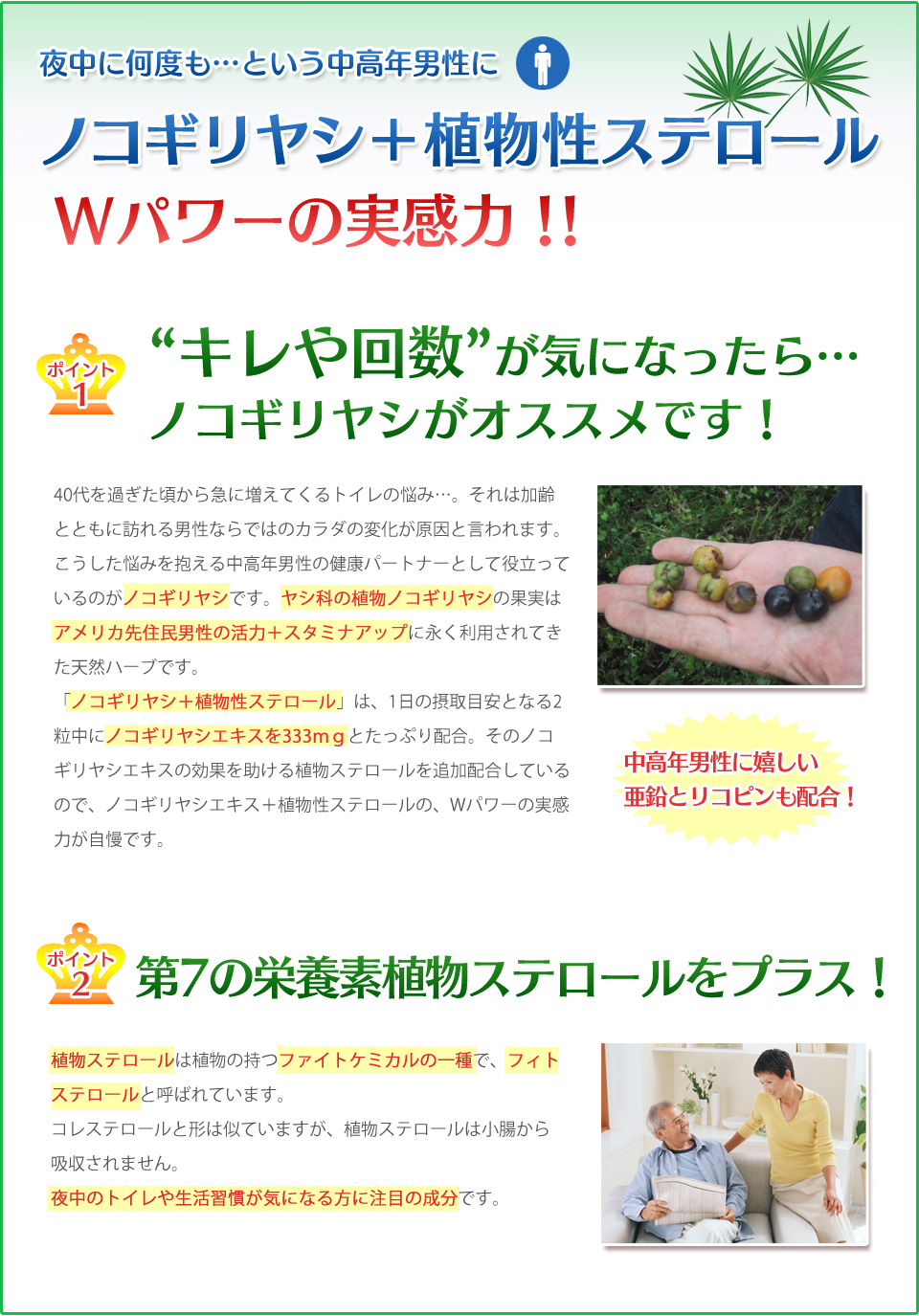 ノコギリヤシ+植物ステロール :ポイント1・キレや回数がきになったらノコギリヤシがオススメです。ヤシ科の植物ノコギリヤシの果実はアメリカ先住民男性の活力+スタミナアップに利用されてきたハーブです。ポイント2・第七の栄養素植物ステロールをプラス。植物ステロールはファイトケミカルの一種でフィトステロールと呼ばれています。夜中のトイレや生活習慣が気になる方に注目の成分です。尿の悩み、トイレが近い、尿モレ防止 サプリメント